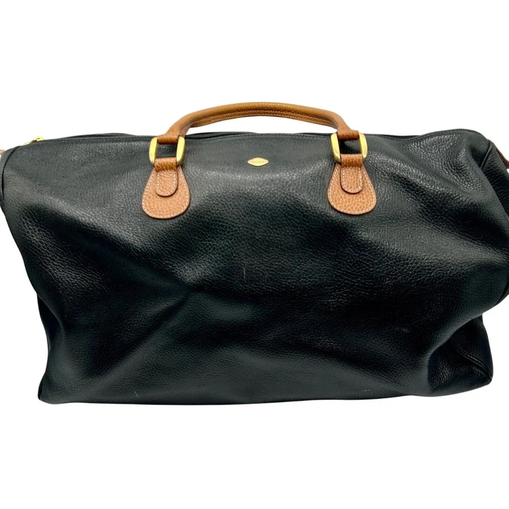I‎ Santi Duffel Overnight Bag Leather Made In Italy Black Brown Top Handle EUC
